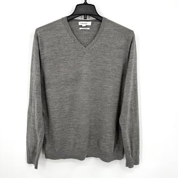 CK Calvin Klein Extra Fine Merino Wool V-Neck Gray Sweater Men’s Size Large - Picture 1 of 6